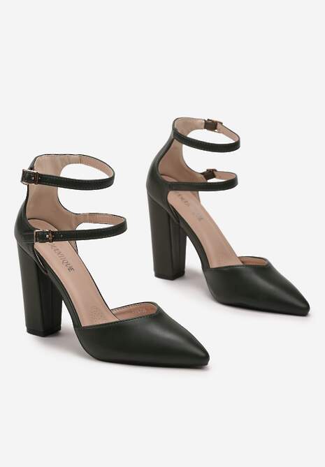 Ciemnozielone Czółenka z Ekoskóry ze Szpiczastym Noskiem i Paskami Sivelia