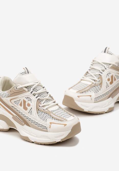 Beżowe Sneakersy na Grubej Podeszwie Ozdobione Siateczkowymi Wstawkami Korianna