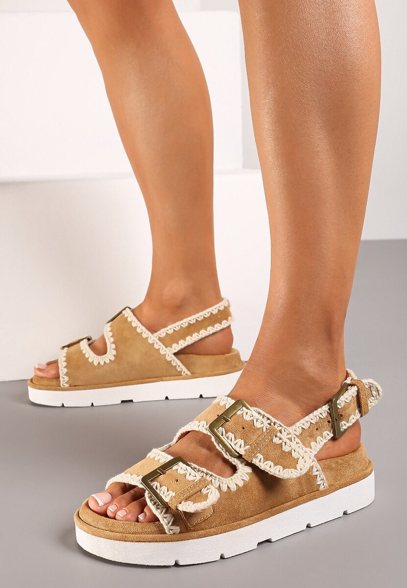 Brązowe Sandały na Niskiej Platformie ze Sprzączkami Obisina