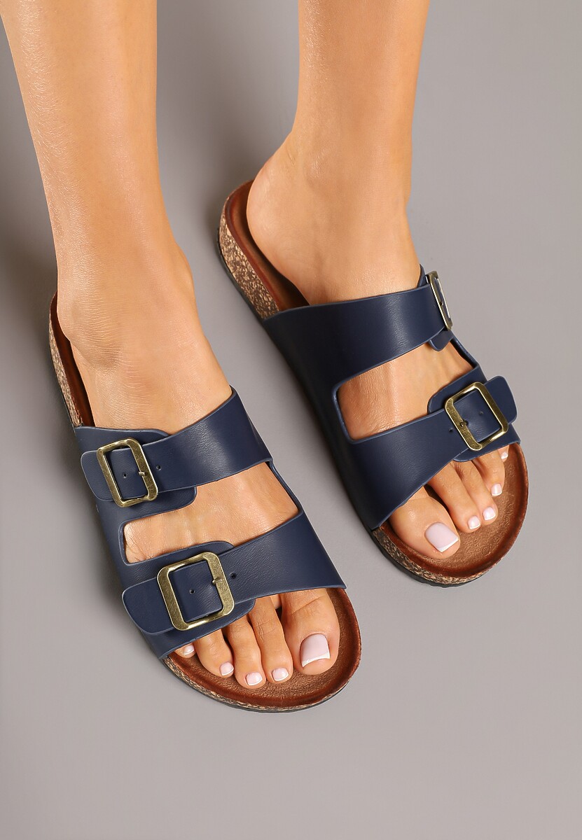 Granatowe Klapki z Dwoma Paskami i Klamrami Tuvera