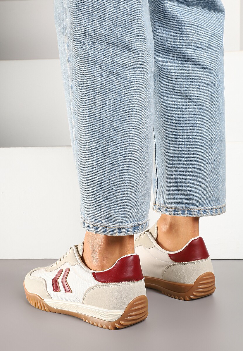 Beżowo-Czerwone Sneakersy Typu Kultowe Tenisówki Zdobione Przeszyciami Mepenna