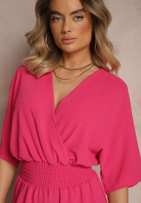 Fuksjowy Taliowany Kombinezon z Zakładkowym Dekoltem i Gumką w Pasie Vimalynna