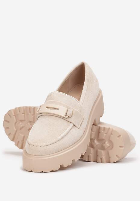Beżowe Mokasyny na Grubej Podeszwie z Cholewką z Przeszyciami Hamaira