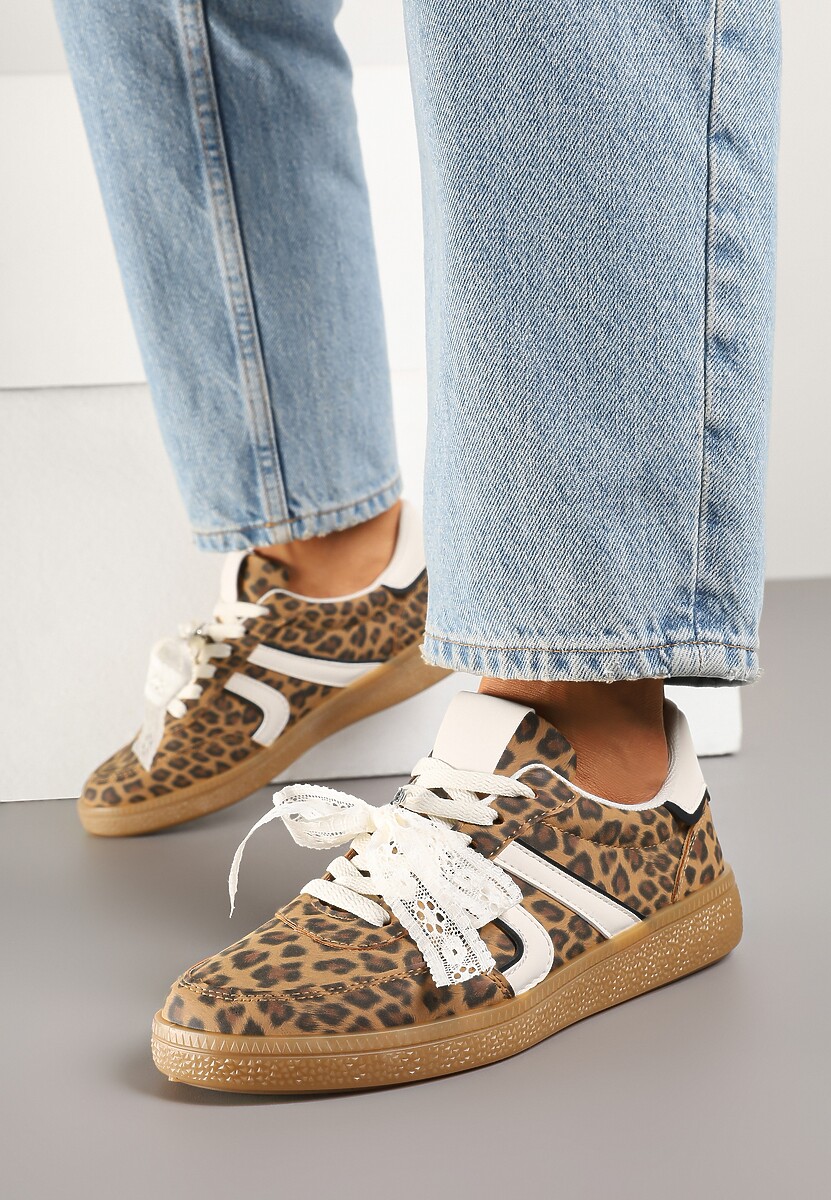 Panterkowe Sneakersy Typu Kultowe Tenisówki z Ozdobną Odpinaną Kokardą Korilinda