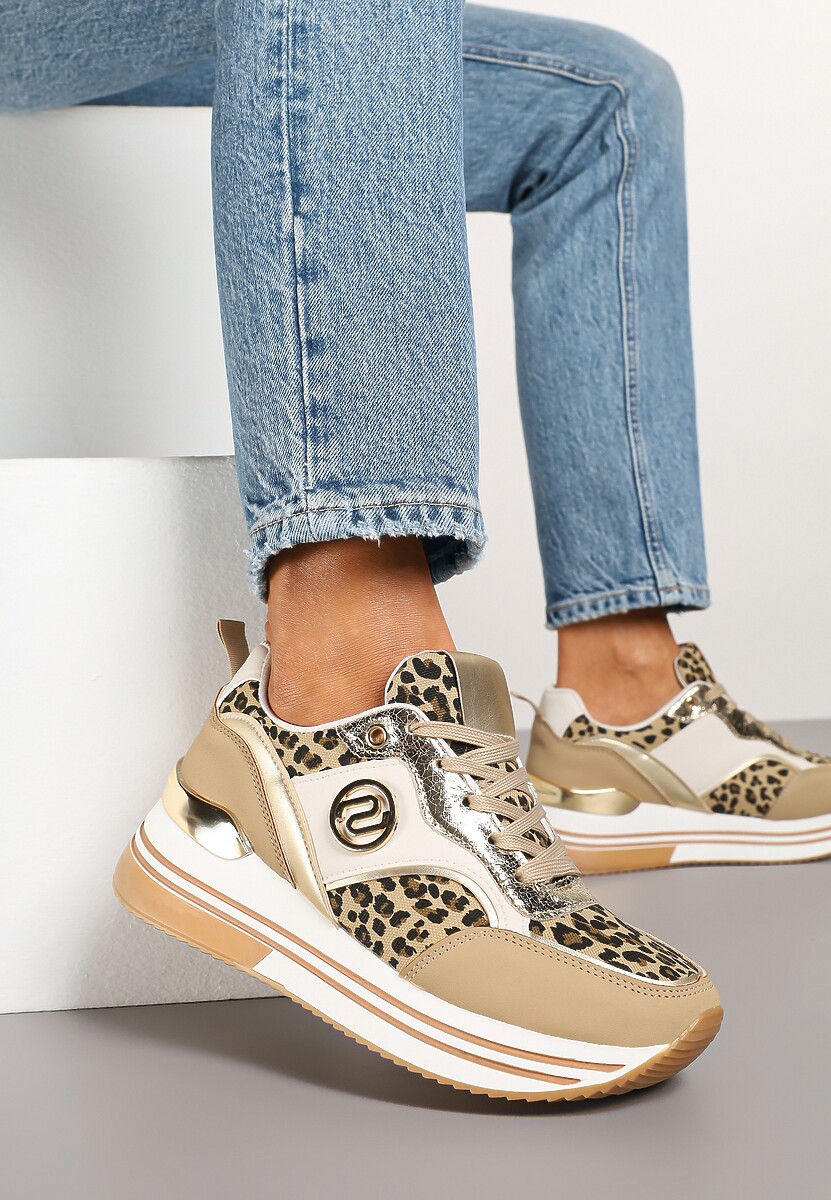 Ciemnobeżowe Sneakersy Ozdobione Wzorem w Panterkę z Metalicznymi Zdobieniami na Platformie Gonnella