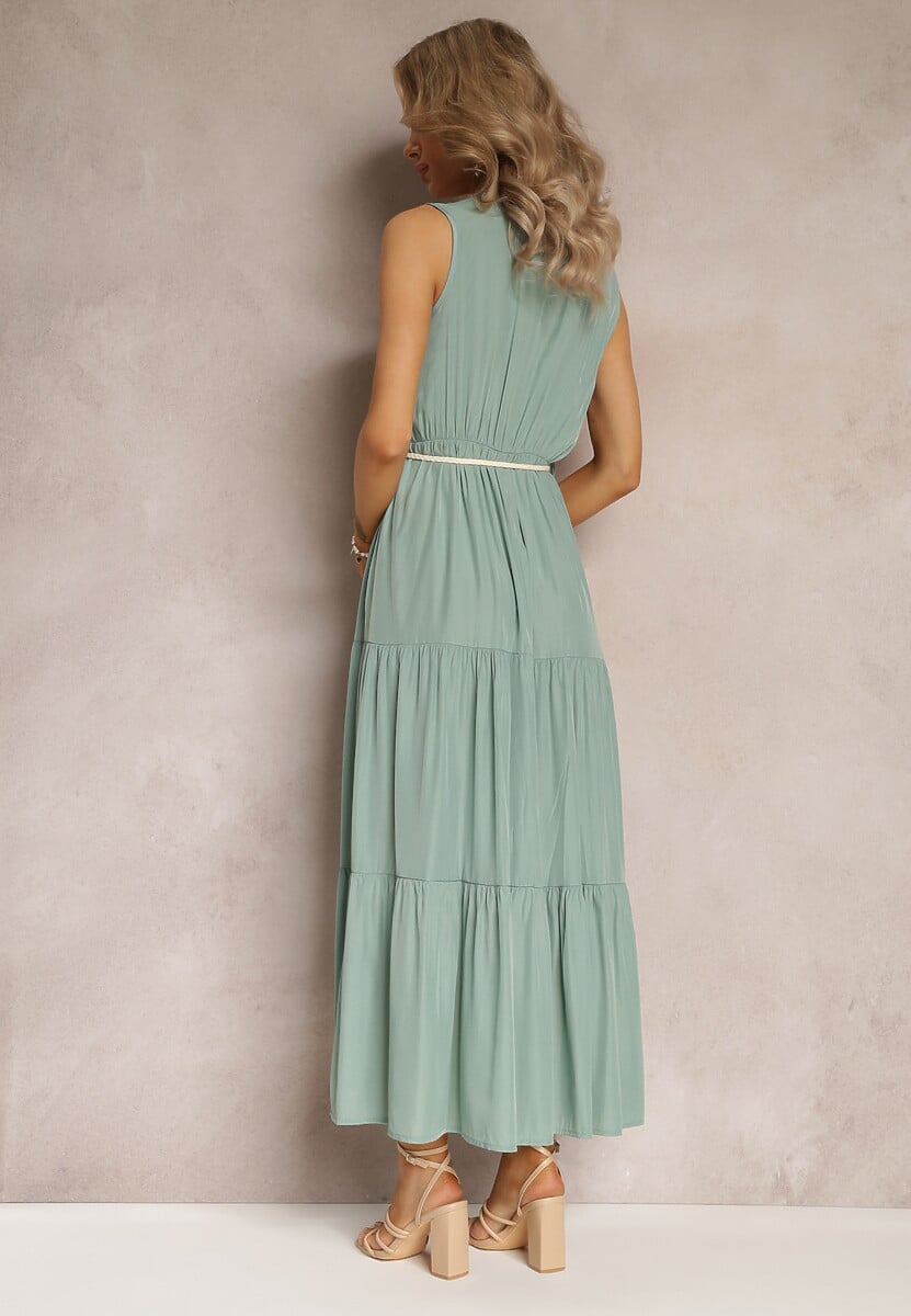 Zielona Sukienka Maxi o Rozkloszowanym Fasonie z Ozdobnym Sznurkiem i Trójkątnym Dekoltem Zornitsa