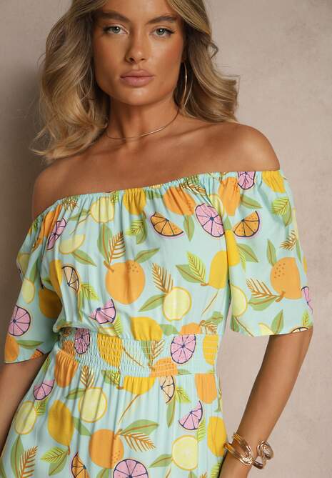 Jasnoniebieska Sukienka Typu Hiszpanka z Bawełną ze Wzorem Cytrusów Aprona