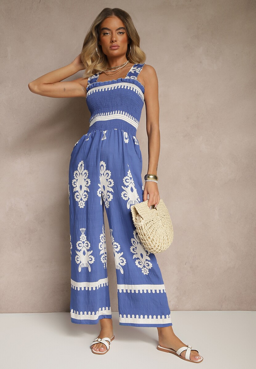 Niebieski Kombinezon Wide Leg z Wiskozy na Ramiączkach Zdobiony Etnicznym Wzorem Melriti