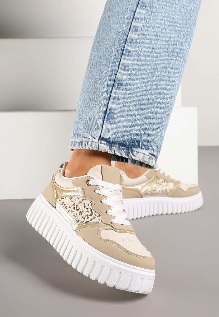 Beżowe Sneakersy na Platformie z Tłoczeniem Ozdobione Panterką i Perforacją Udivaya