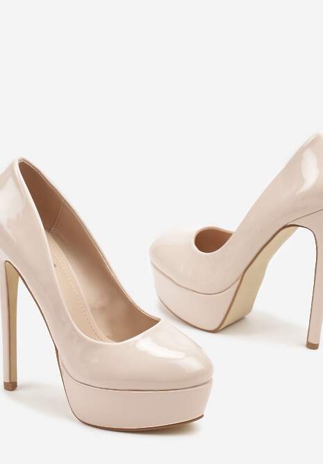 Beżowe Szpilki na Platformie Lakierowane Welioha