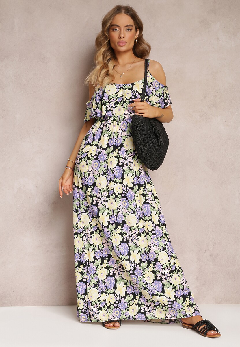 Fioletowo-Żółta Sukienka Maxi Bawełniana w Kwiaty z Falbanką Saranna