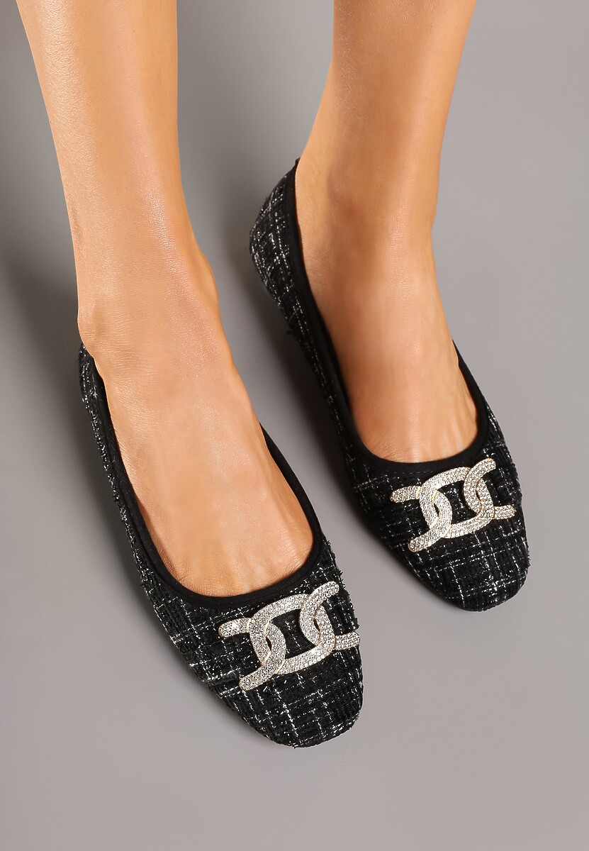 Czarne Balerinki Tweedowe Ozdobione Cyrkoniami Nuritta