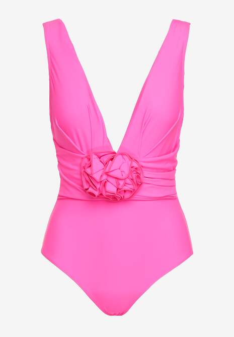 Fuksjowy Strój Kąpielowy Jednoczęściowy Ozdobiony Aplikacją Kwiatu 3D z Usztywnieniem Seliris