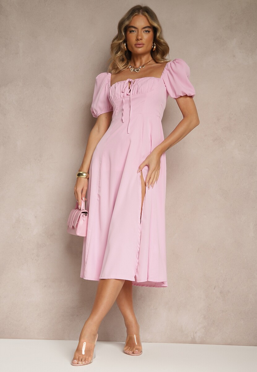 Różowa Rustykalna Sukienka o Rozkloszowanym Kroju z Wiązaniem i Rozcięciem Idanvera