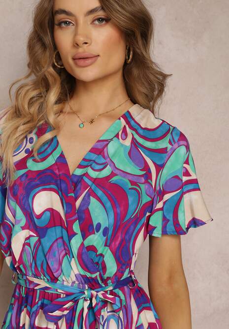 Fioletowa Wiskozowa Sukienka Maxi z Gumką w Talii i Materiałowym Paskiem Saramu