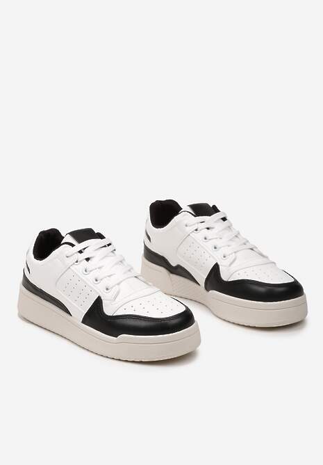 Czarno-Białe Sznurowane Sneakersy z Ekoskóry na Grubej Podeszwie z Ozdobnymi Łatkami Anaviria