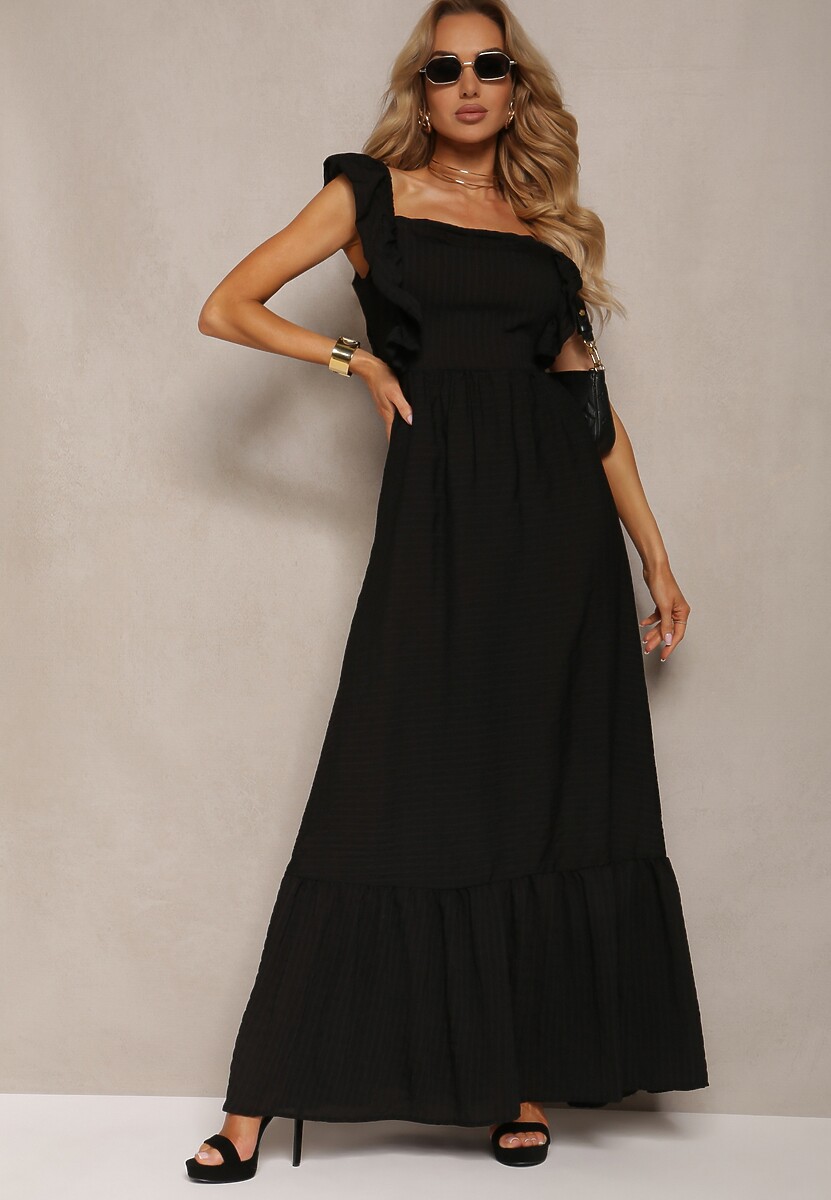 Czarna Sukienka z Wiązaniem na Plecach na Ramiączkach z Falbankami i Gumką w Pasie Rollas