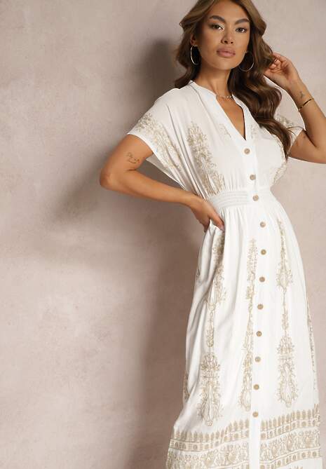 Biała Koszulowa Sukienka z Bawełną i Gumkami w Talii Zapinana na Guziki Fosofia