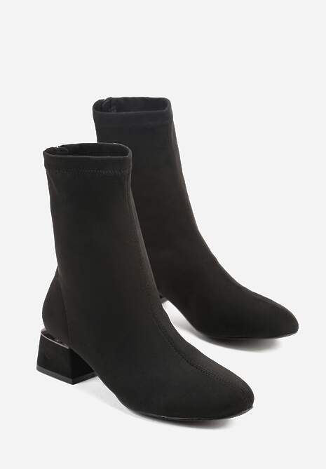 Czarne Eleganckie Botki VICES Skarpetkowe z Imitacji Zamszu na Klocku z Metalicznym Zdobieniem Rivite
