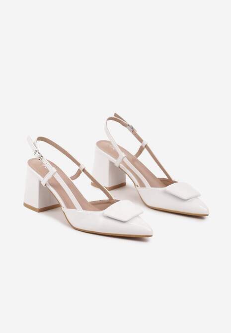 Białe Sandały Lakierowane na Słupku Slingback z Ozdobą na Nosku Vommea