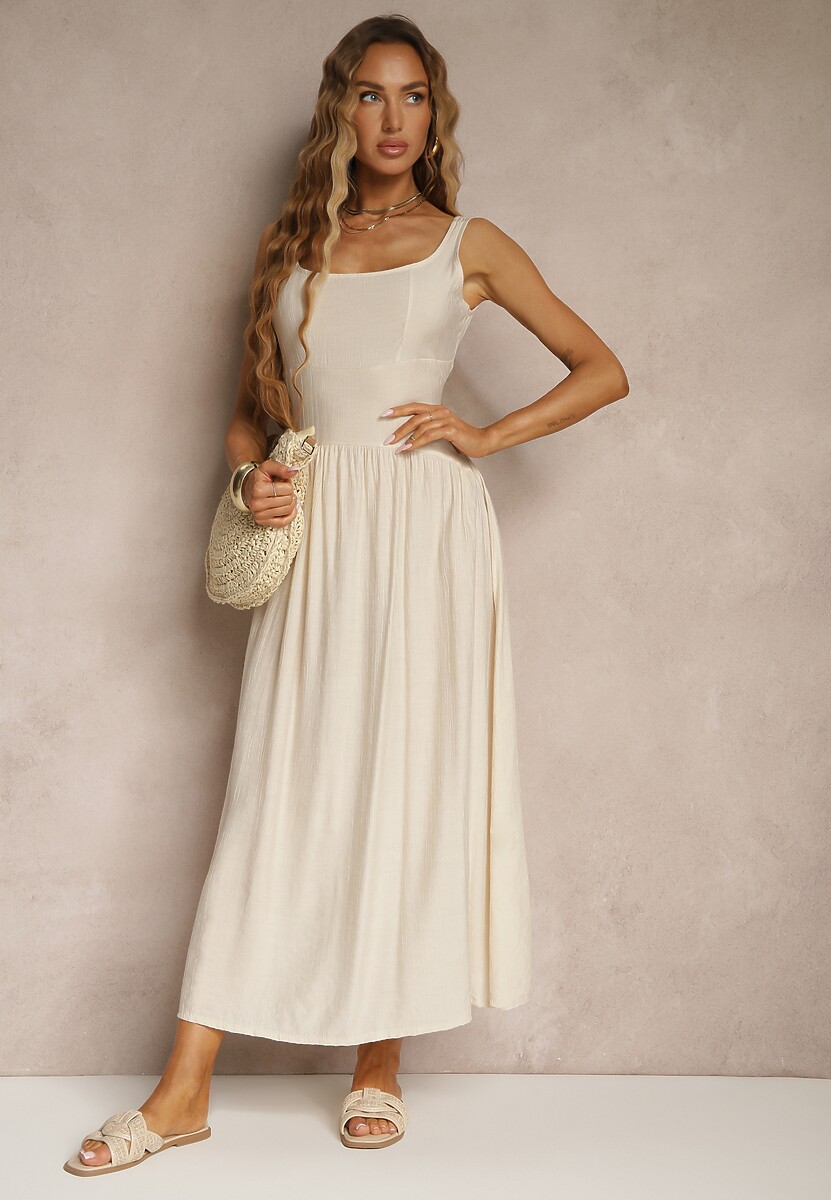 Beżowa Rozkloszowana Sukienka z Wiskozy Milunisa