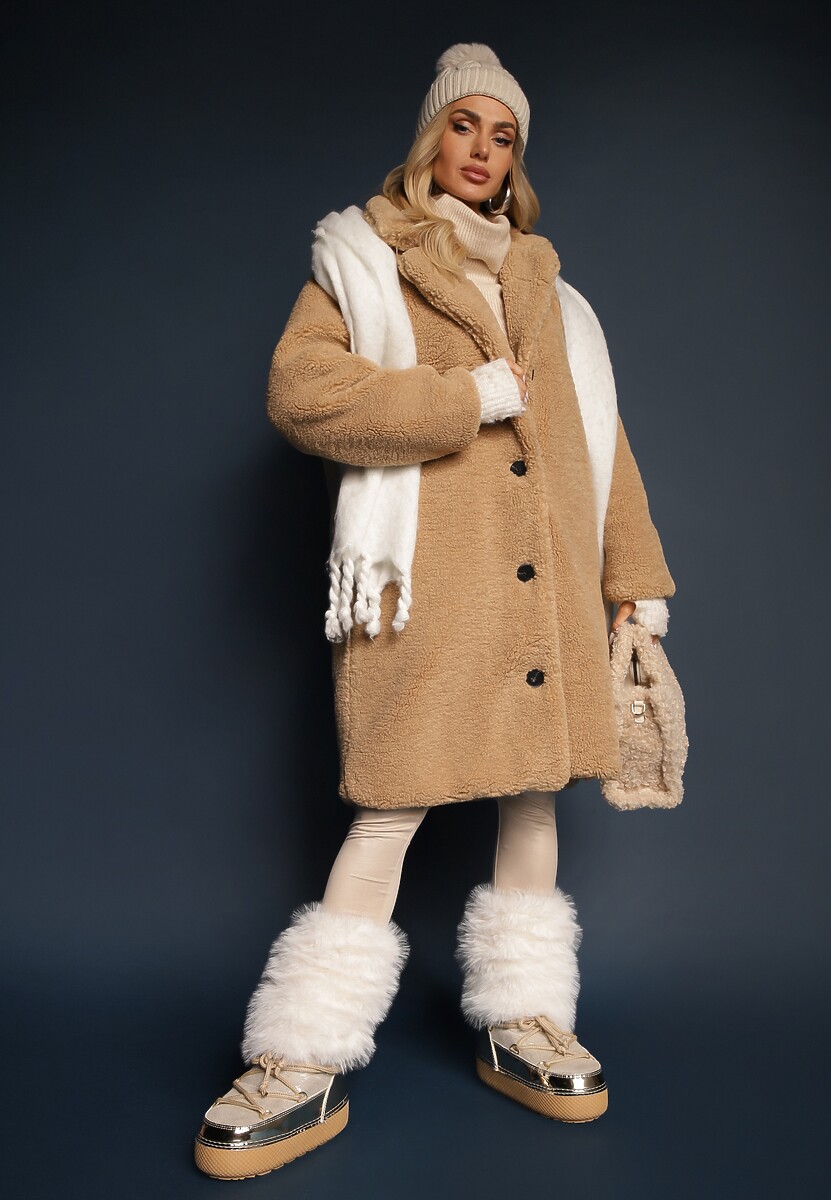 Beżowy Płaszcz Futrzany Teddy Karli