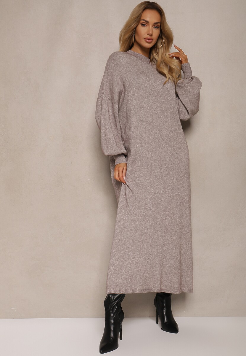 Beżowa Pudełkowa Sukienka z Wiskozą i Półgolfem Salindra