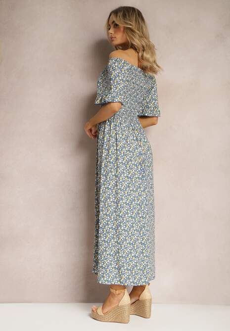 Niebieska Sukienka Hiszpanka z Elastycznym Dekoltem i Rozkloszowanym Dołem z Bawełny Coralinma