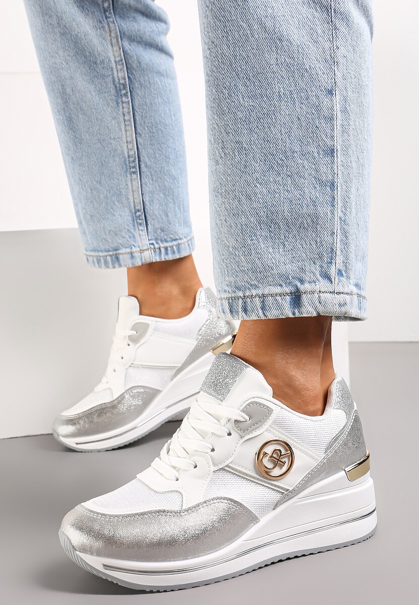 Srebrne Siateczkowe Sneakersy na Koturnie z Metalicznymi Aplikacjami i Brokatem Viean