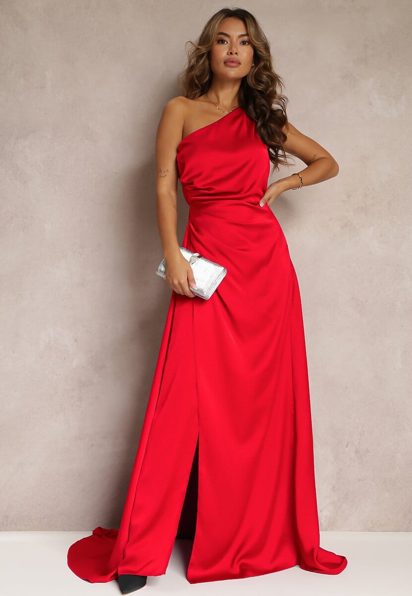 Czerwona Elegancka Sukienka na Jedno Ramię o Asymetrycznym Fasonie Leylane
