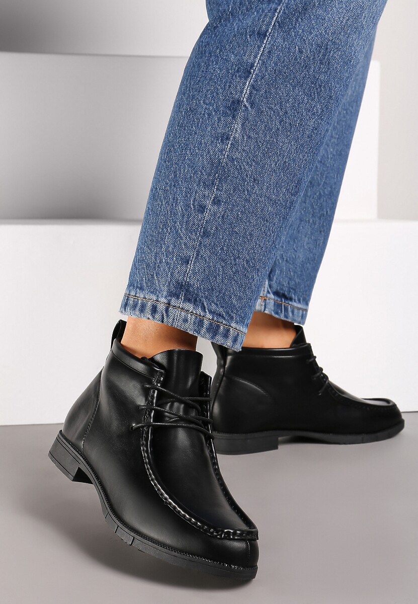 Czarne Botki na Płaskiej Podeszwie ze Sznurowaniem Ozdobione Przeszyciami Itterisa