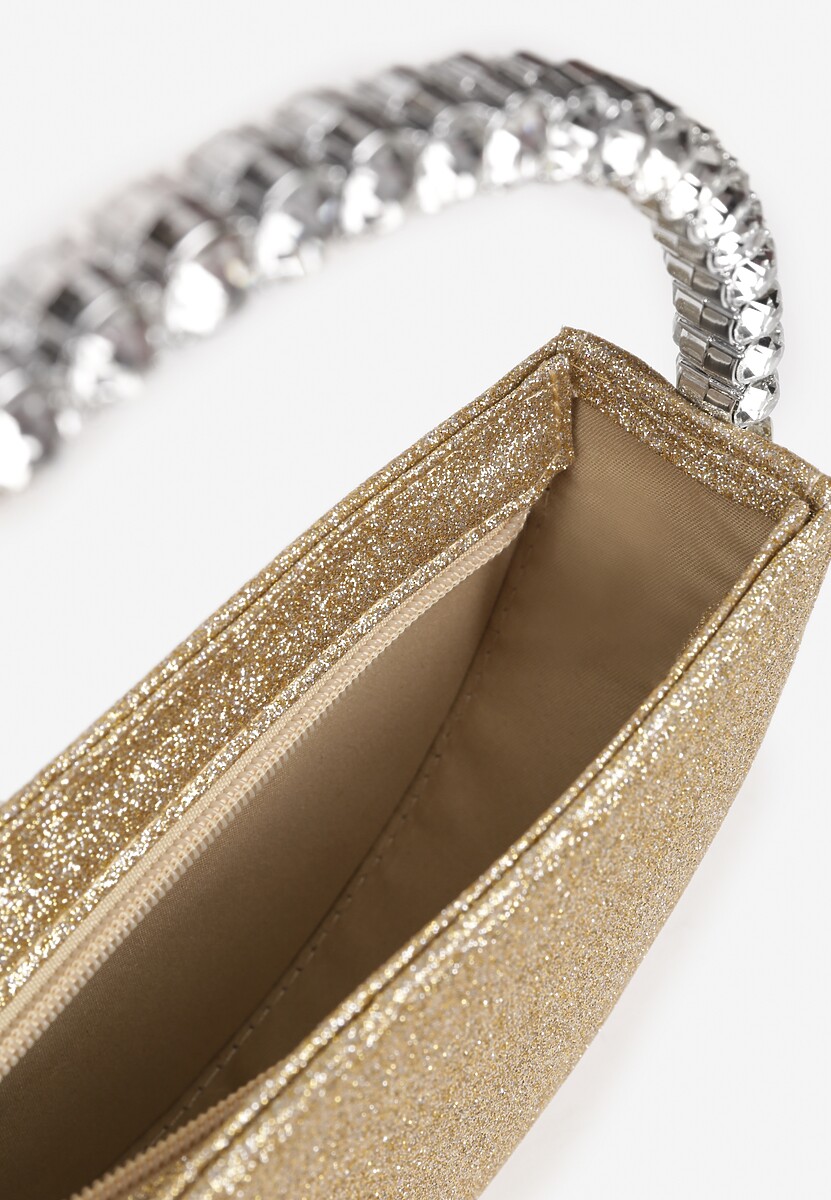 Złota Okrągła Torebka Koktajlowa Ozdobiona Cyrkoniami i Brokatem Fesimala
