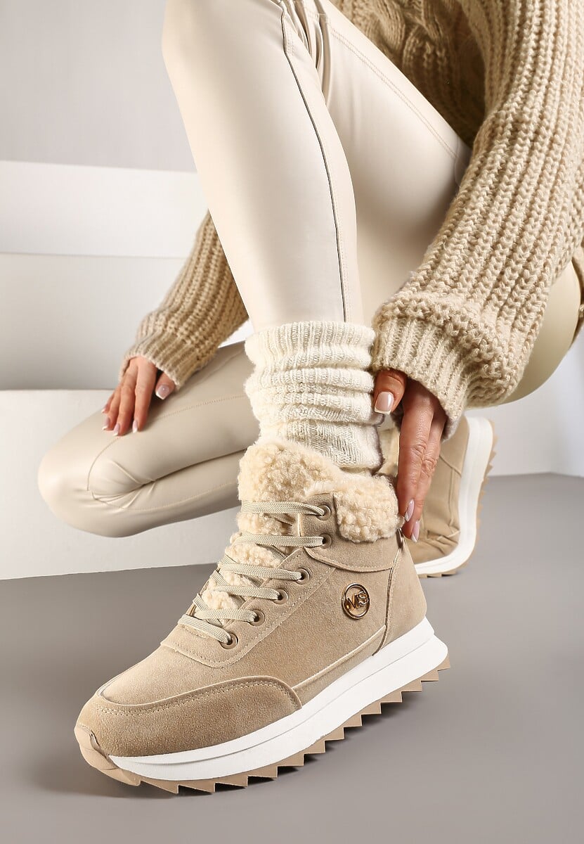 Ciemnobeżowe Sneakersy z Ekozamszu z Futrzaną Wyściółką Etaylla