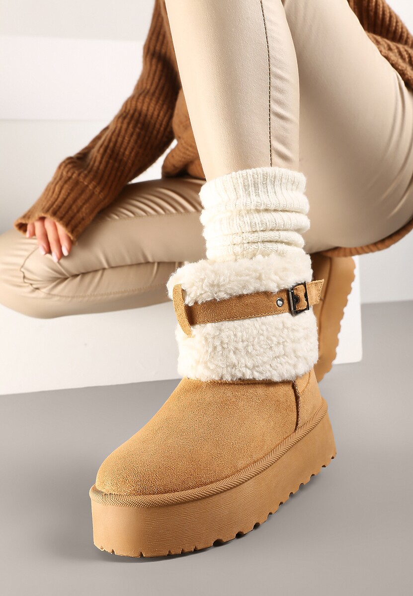 Brązowe Śniegowce na Platformie Ozdobione Metaliczną Klamrą i Futerkiem w Stylu Baranka Anelavia