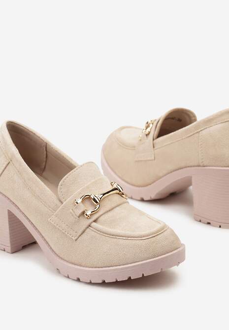 Beżowe Półbuty Mokasyny na Słupku z Platformą Ozdobione Klamrą Acridna