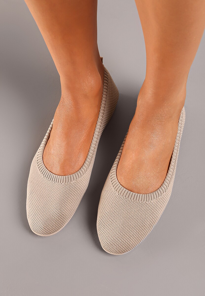 Ciemnobeżowe Balerinki z Okrągłym Noskiem i Materiałową Cholewką Mililena