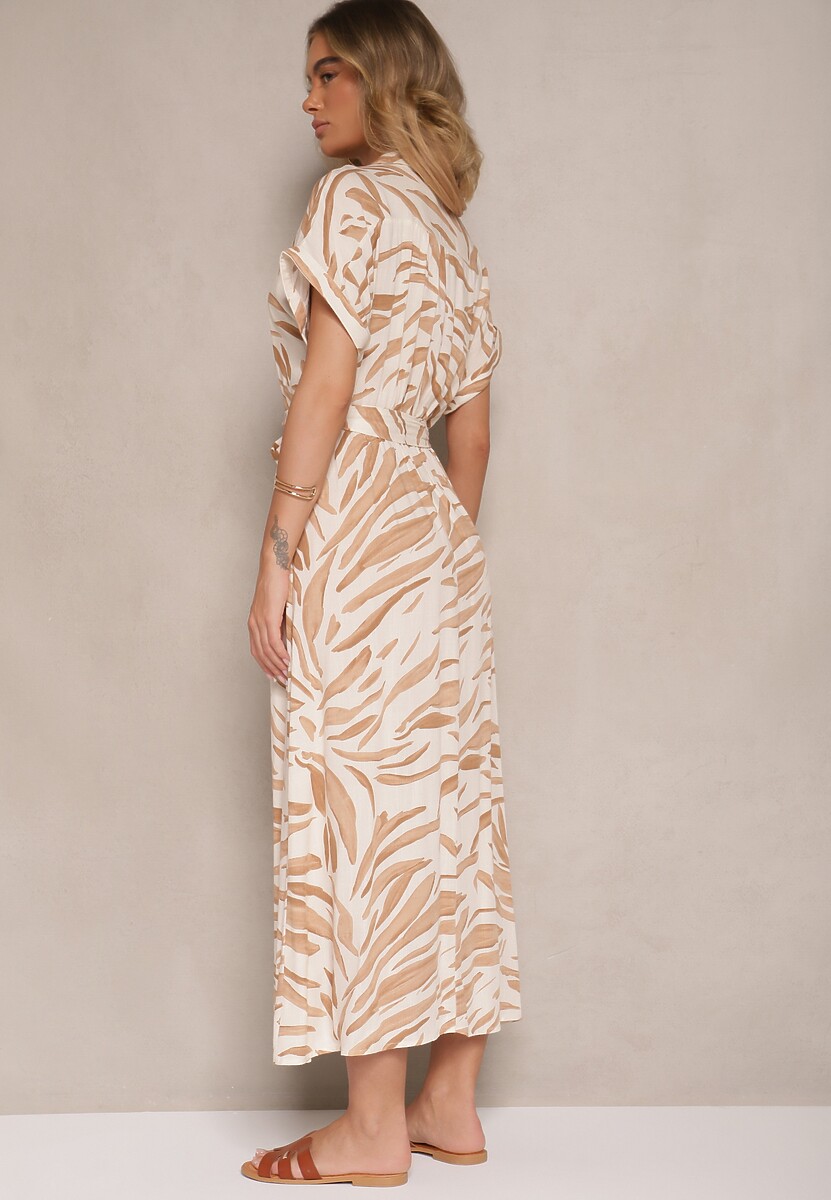 Jasnobeżowa Bawełniana Sukienka w Zebrę o Koszulowym Kroju z Wiązanym Paskiem Florloti