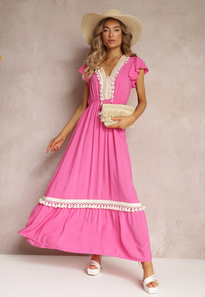 Fuksjowa Wiskozowa Maxi Sukienka z Frędzlami i Wiązaniem przy Dekolcie Rosania