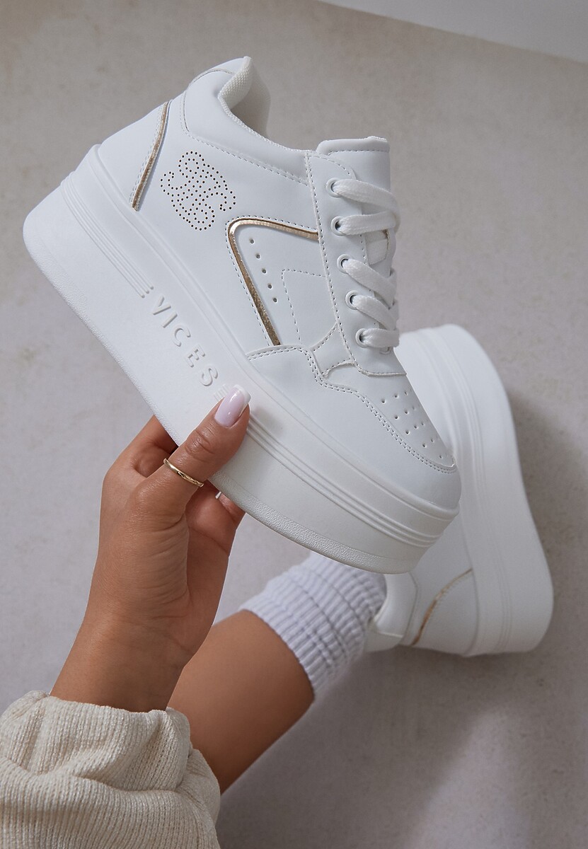 Biało-Złote Sneakersy Vices na Platformie Ozdobione Metalicznymi Aplikacjami Nelanil