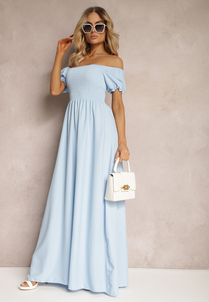 Jasnoniebieska Sukienka z Gumeczkami w Talii i Przy Dekolcie z Rozkloszowanym Dołem Anideta