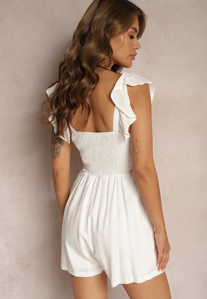 Biały Bawełniany Kombinezon na Ramiączkach Ozdobionych Falbanką z Kwadratowym Dekoltem Oladia