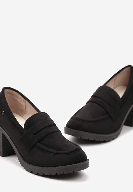 Czarne Półbuty Mokasyny z Ekozamszu na Słupku i Platformie Andarco