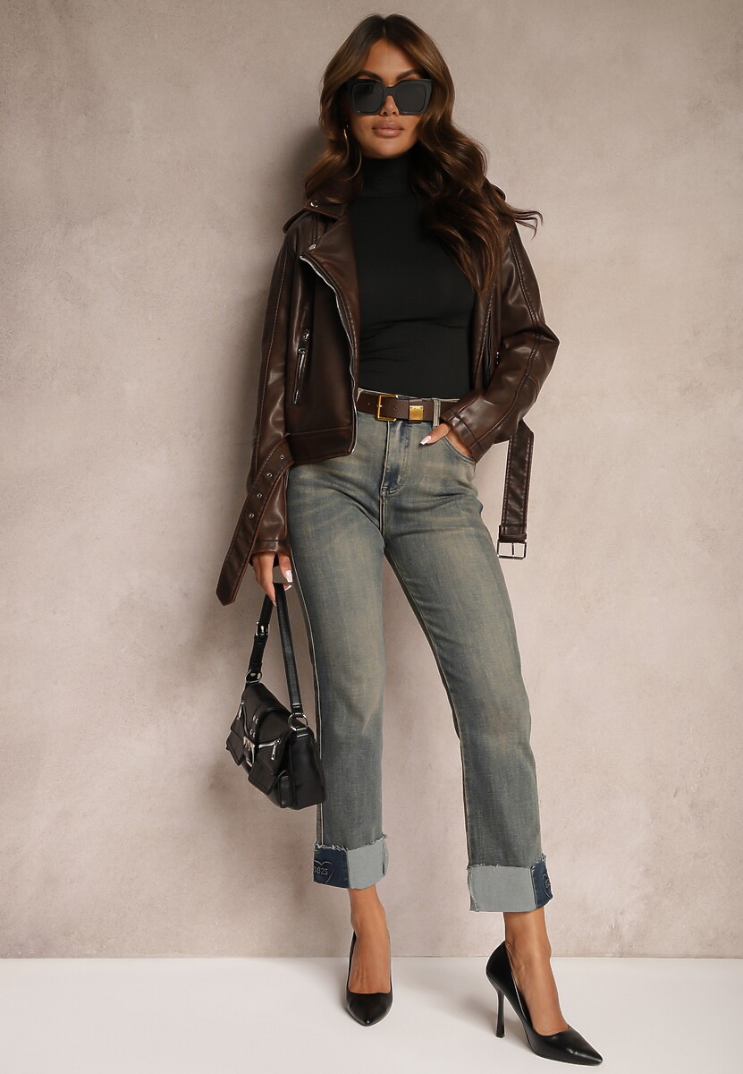 Niebiesko-Szare  Jeansy High Waist z Bawełny z Efektem Postarzenia i Modnym Paskiem Rilelle