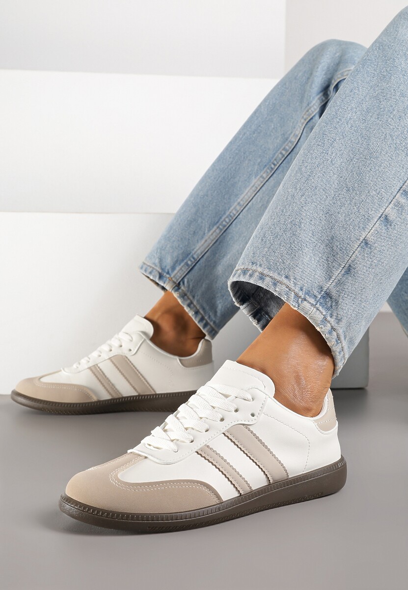 Beżowo-Białe Casualowe Sneakersy na Płaskiej Podeszwie z Paskami Jereria