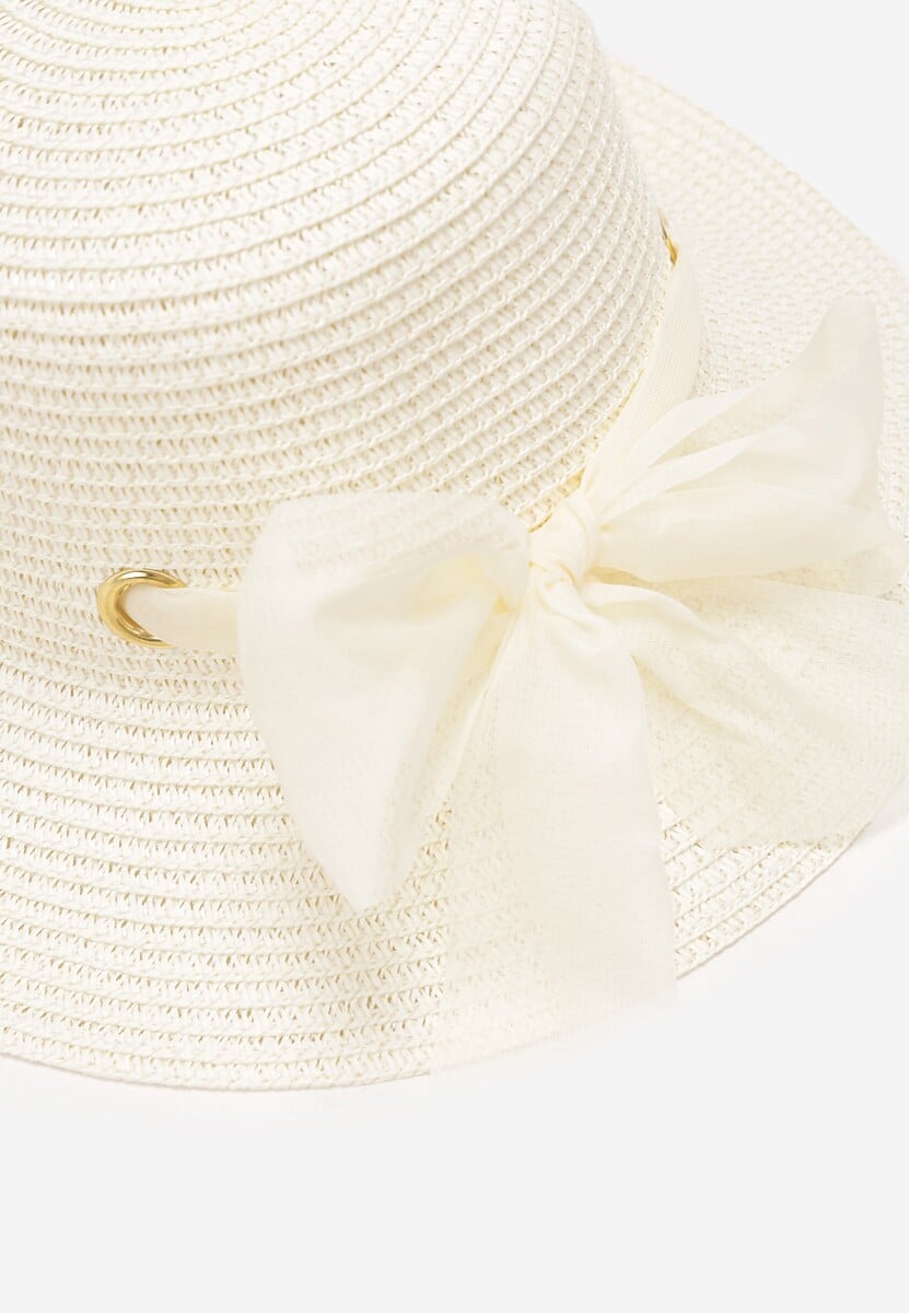 Beżowy Pleciony Kapelusz z Kokardką i Szerokim Rondem Maronia