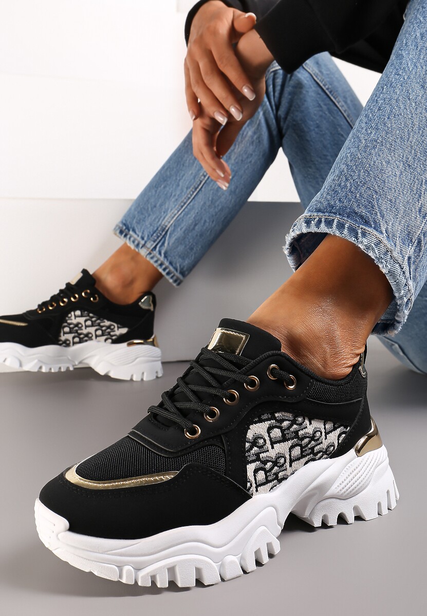 Czarne Sneakersy na Grubej Podeszwie z Metaliczną Wstawką Austyna
