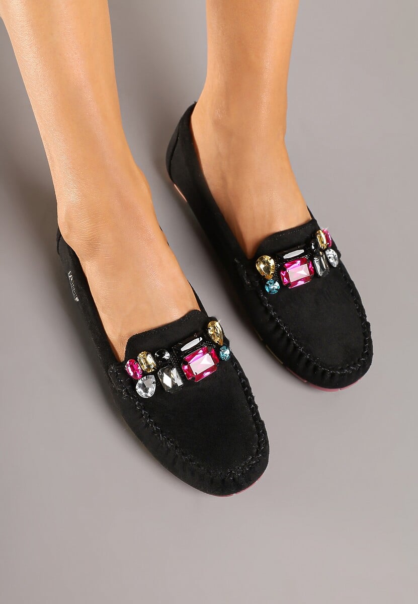 Czarne Mokasyny z Wkładką ze Skóry Naturalnej i Cyrkoniami Zimora
