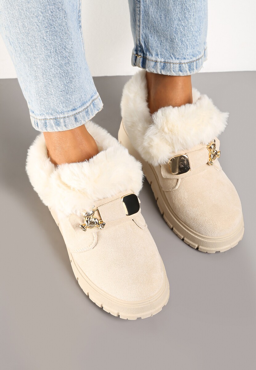 Beżowe Śniegowce na Platformie Ozdobione Aplikacją 3D i Futrem Cediona