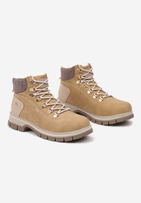 Jasnobrązowe Sznurowane Traperki na Płaskiej Podeszwie Ozdobione Futerkiem Seassia