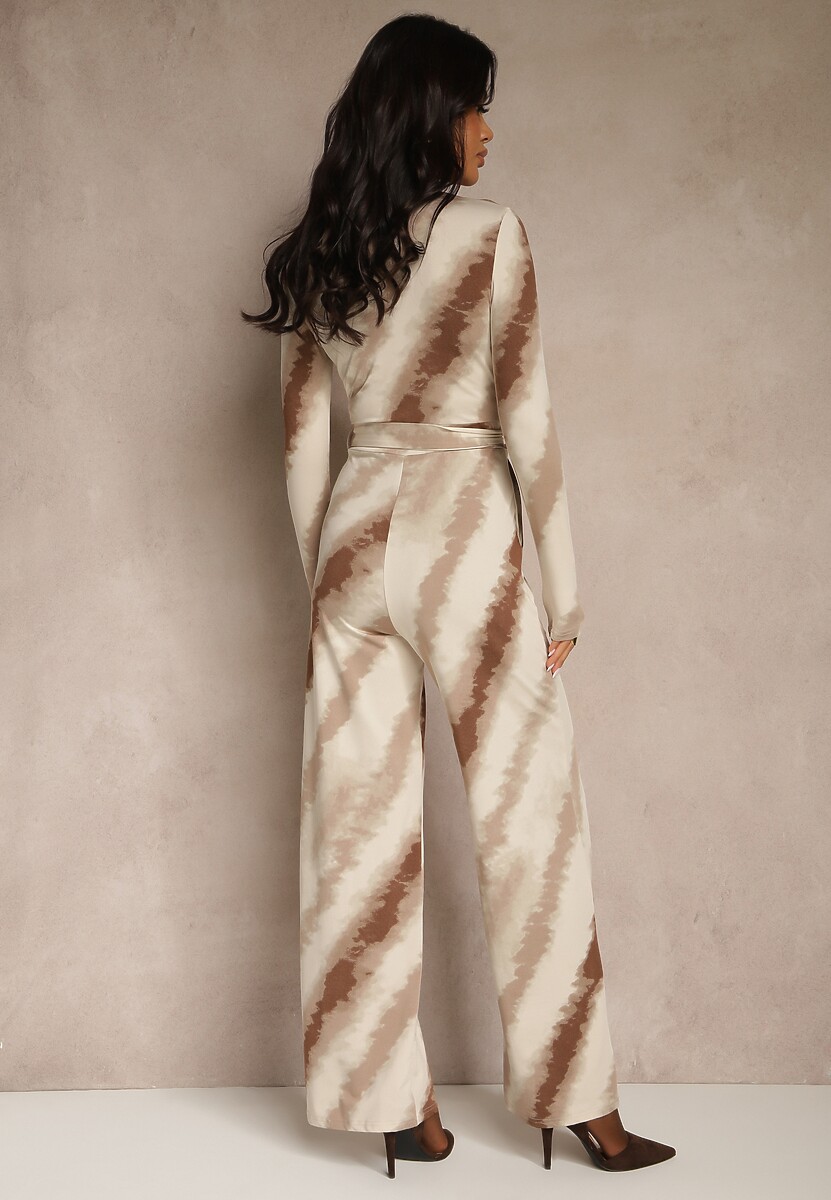 Beżowy Kombinezon z Trójkątnym Dekoltem i Paskiem w Talii Nanthe